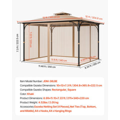 Gazebo Netting Replacement, Fit Most 10 x 12 x 7.3 FT Gazebo, Outdoor Garden Gazebo Net, 4-Panel Sidewall Mesh Gazebo Curtain, Patio Midge Netting with Double Zipper, Canopy Screen (Netting Only)