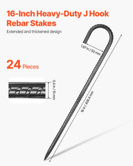Rebar Stakes, 406.4 mm, Heavy-Duty 10 mm Diameter J Hook, Galvanized Steel Ground Anchors with Chisel Point End & Rust-Resistant Coating, for Gardening Support, Fence, Camping Tents (24-Pack)