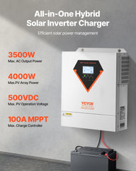 Hybrid Solar Inverter, 3500W, All in One Pure Sine Wave Power Inverter Charger, 220V AC, with Built-in 100A MPPT Solar Charger Controller, for Off-Grid System Lead Acid Lithium Battery