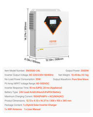 Hybrid Solar Inverter, 3500W, All in One Pure Sine Wave Power Inverter Charger, 220V AC, with Built-in 100A MPPT Solar Charger Controller, for Off-Grid System Lead Acid Lithium Battery