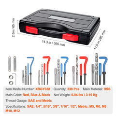 Helicoil Thread Repair Kit, 338-Piece SAE and Metric Rethreading Tool Kit, M5, M6, M8, M10, M12, 1/4", 5/16", 3/8", 7/16", 1/2", HSS Drill Bits Thread Inserts Taps Breakoff Installation Tools
