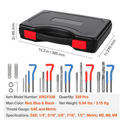 Helicoil Thread Repair Kit, 338-Piece SAE and Metric Rethreading Tool Kit, M5, M6, M8, M10, M12, 1/4", 5/16", 3/8", 7/16", 1/2", HSS Drill Bits Thread Inserts Taps Breakoff Installation Tools