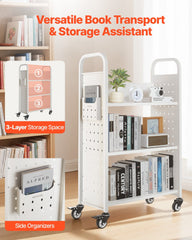 Rolling Library Book Cart, 150 kg Capacity, 77 x 38 x 122 cm Library Cart, Single Sided L-Shaped Shelves with 76.2 mm Lockable Wheels, Book Truck for Home Shelves Office and School, White