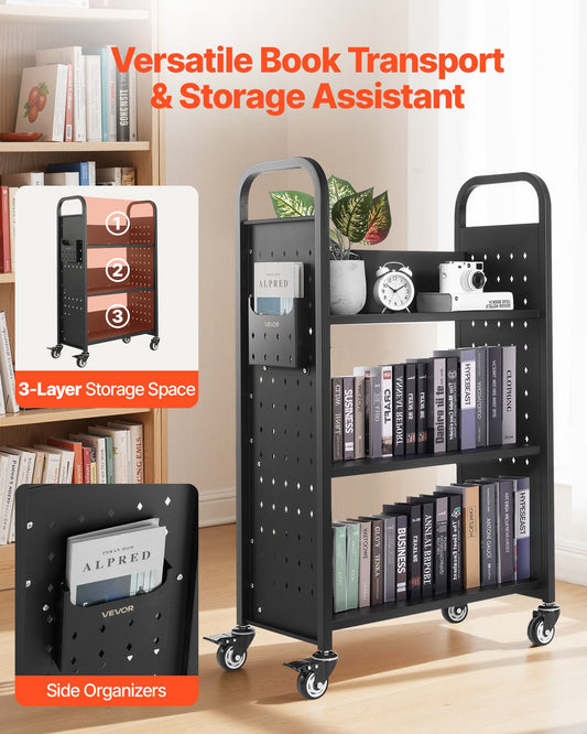 Rolling Library Book Cart, 150 kg Capacity, 77 x 38 x 122 cm Library Cart, Single Sided L-Shaped Shelves with 76.2 mm Lockable Wheels, Book Truck for Home Shelves Office and School, Black