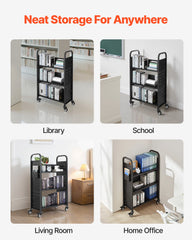 Rolling Library Book Cart, 150 kg Capacity, 77 x 38 x 122 cm Library Cart, Single Sided L-Shaped Shelves with 76.2 mm Lockable Wheels, Book Truck for Home Shelves Office and School, Black