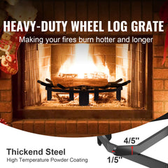 Log Grate, 27 inch Heavy Duty Wheel Fire Grate with 6 Support Legs, Solid Powder-coated Steel Bars, Log Firewood Burning Rack Holder for Wood Stove and Outdoor Camping Fire Pit