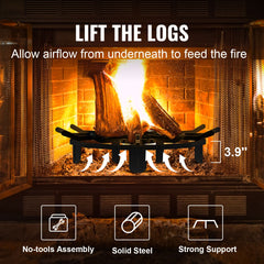 Log Grate, 27 inch Heavy Duty Wheel Fire Grate with 6 Support Legs, Solid Powder-coated Steel Bars, Log Firewood Burning Rack Holder for Wood Stove and Outdoor Camping Fire Pit