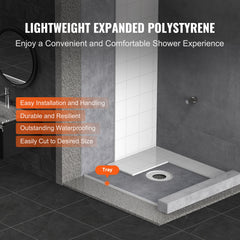 Shower Curb Kit, 914x914mm Shower Pan Kit with 160mm Central Drain, Lightweight EPS Shower Installation Kits with 2 Waterproof Cloths, Shower Pan Slope Sticks Fit for Bathroom