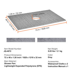 Shower Curb Kit, 1219x1828mm Shower Pan Kit with 160mm Central Drain, Lightweight EPS Shower Installation Kits with 2 Waterproof Cloths, Shower Pan Slope Sticks Fit for Bathroom
