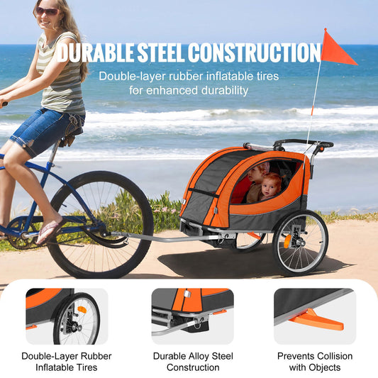 Bike Trailer for Toddlers, Kids, Double Seat, 45 kg Load, 2-In-1 Canopy Carrier Converts to Stroller, Tow Behind Foldable Child Bicycle Trailer with Universal Bicycle Coupler, Orange and Gray