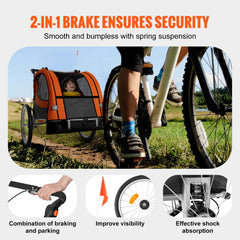 Bike Trailer for Toddlers, Kids, Double Seat, 45 kg Load, 2-In-1 Canopy Carrier Converts to Stroller, Tow Behind Foldable Child Bicycle Trailer with Universal Bicycle Coupler, Orange and Gray