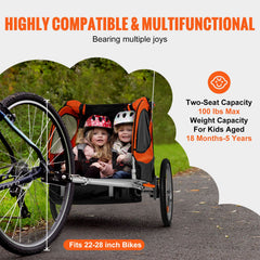 Bike Trailer for Toddlers, Kids, Double Seat, 45 kg Load, 2-In-1 Canopy Carrier Converts to Stroller, Tow Behind Foldable Child Bicycle Trailer with Universal Bicycle Coupler, Orange and Gray