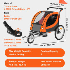 Bike Trailer for Toddlers, Kids, Double Seat, 45 kg Load, 2-In-1 Canopy Carrier Converts to Stroller, Tow Behind Foldable Child Bicycle Trailer with Universal Bicycle Coupler, Orange and Gray