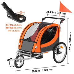 Bike Trailer for Toddlers, Kids, Double Seat, 45 kg Load, 2-In-1 Canopy Carrier Converts to Stroller, Tow Behind Foldable Child Bicycle Trailer with Universal Bicycle Coupler, Orange and Gray