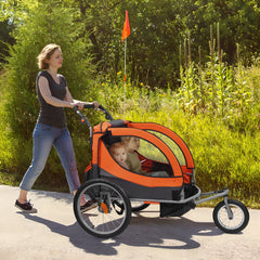 Bike Trailer for Toddlers, Kids, Double Seat, 45 kg Load, 2-In-1 Canopy Carrier Converts to Stroller, Tow Behind Foldable Child Bicycle Trailer with Universal Bicycle Coupler, Orange and Gray