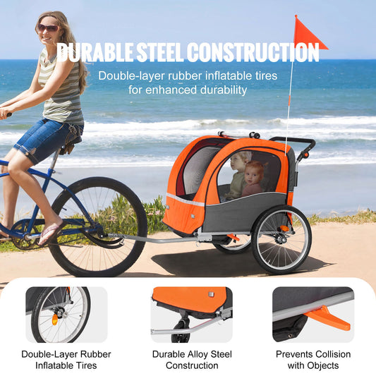 Bike Trailer for Toddlers, Kids, Double Seat, 45 kg Load, 2-In-1 Canopy Carrier Converts to Stroller, Tow Behind Foldable Child Bicycle Trailer with Universal Bicycle Coupler, Orange and Gray