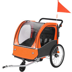Bike Trailer for Toddlers, Kids, Double Seat, 45 kg Load, 2-In-1 Canopy Carrier Converts to Stroller, Tow Behind Foldable Child Bicycle Trailer with Universal Bicycle Coupler, Orange and Gray