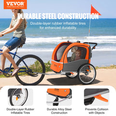 Bike Trailer for Toddlers, Kids, Double Seat, 45 kg Load, 2-In-1 Canopy Carrier Converts to Stroller, Tow Behind Foldable Child Bicycle Trailer with Universal Bicycle Coupler, Orange and Gray