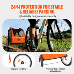 Bike Trailer for Toddlers, Kids, Double Seat, 45 kg Load, 2-In-1 Canopy Carrier Converts to Stroller, Tow Behind Foldable Child Bicycle Trailer with Universal Bicycle Coupler, Orange and Gray