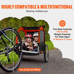 Bike Trailer for Toddlers, Kids, Double Seat, 45 kg Load, 2-In-1 Canopy Carrier Converts to Stroller, Tow Behind Foldable Child Bicycle Trailer with Universal Bicycle Coupler, Orange and Gray