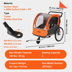 Bike Trailer for Toddlers, Kids, Double Seat, 45 kg Load, 2-In-1 Canopy Carrier Converts to Stroller, Tow Behind Foldable Child Bicycle Trailer with Universal Bicycle Coupler, Orange and Gray