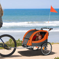 Bike Trailer for Toddlers, Kids, Double Seat, 45 kg Load, 2-In-1 Canopy Carrier Converts to Stroller, Tow Behind Foldable Child Bicycle Trailer with Universal Bicycle Coupler, Orange and Gray