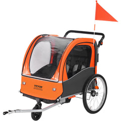 Bike Trailer for Toddlers, Kids, Double Seat, 45 kg Load, 2-In-1 Canopy Carrier Converts to Stroller, Tow Behind Foldable Child Bicycle Trailer with Universal Bicycle Coupler, Orange and Gray