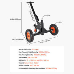 Trailer Dolly, 1500lbs Tongue Weight Capacity, 2 in 1 Trailer Mover with 2 in Ball, 16 in Pneumatic Tires and Universal Wheel, Portable Tow Dolly for Moving Car RV Trailer