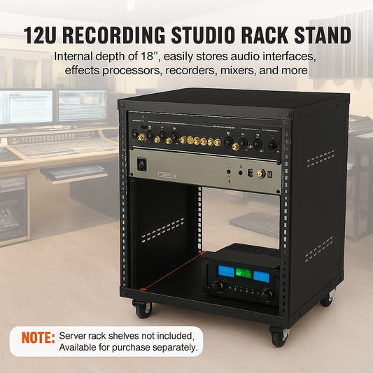 12U AV Rack Stand, 136.08kg Capacity, Network Stereo Recording Studio Rack with Lockable Caster Wheels Round & Square Holes, Special Vent for 482.6 mm Audio Video Musical & IT Equipment Mounting