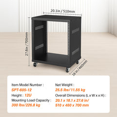 12U AV Rack Stand, 136.08kg Capacity, Network Stereo Recording Studio Rack with Lockable Caster Wheels Round & Square Holes, Special Vent for 482.6 mm Audio Video Musical & IT Equipment Mounting