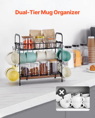 2 Tier Coffee Bar Organizer for Countertop w/ 12 Movable Hooks Mug Holder