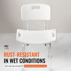Shower Chair, Shower Seat with Back, Adjustable Height Shower Stool, Shower Chair for Inside Shower Bathtub, Non-slip Bathroom Bench Bath Chair for Elderly Disabled Handicap, 158.8 kg Capacity