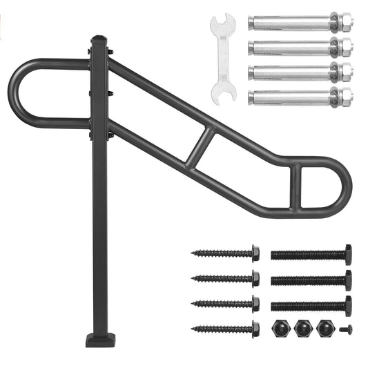 Single Post Handrail for Outdoor 1-3 Steps, 40.5" L x 35.4" H Metal Bent Stair Handrails, Floor Mounted Carbon Steel Stair Railing, U-Shaped Post Grab Rails with 2 Anti-Skid Crossbar for Garage