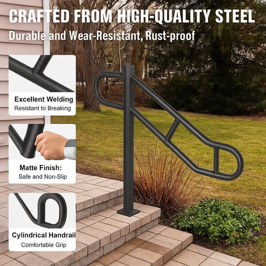 Single Post Handrail for Outdoor 1-3 Steps, 40.5" L x 35.4" H Metal Bent Stair Handrails, Floor Mounted Carbon Steel Stair Railing, U-Shaped Post Grab Rails with 2 Anti-Skid Crossbar for Garage