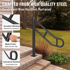 Single Post Handrail for Outdoor 1-3 Steps, 40.5" L x 35.4" H Metal Bent Stair Handrails, Floor Mounted Carbon Steel Stair Railing, U-Shaped Post Grab Rails with 2 Anti-Skid Crossbar for Garage