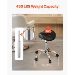 Saddle Rolling Stool, PU Leather Rolling Stool with Wheels, 360° Swivel Drafting Stool with Thickened Cushion, Height Adjustable Rolling Work SPA Stool, for Office, Home, Salon & Bar, Black