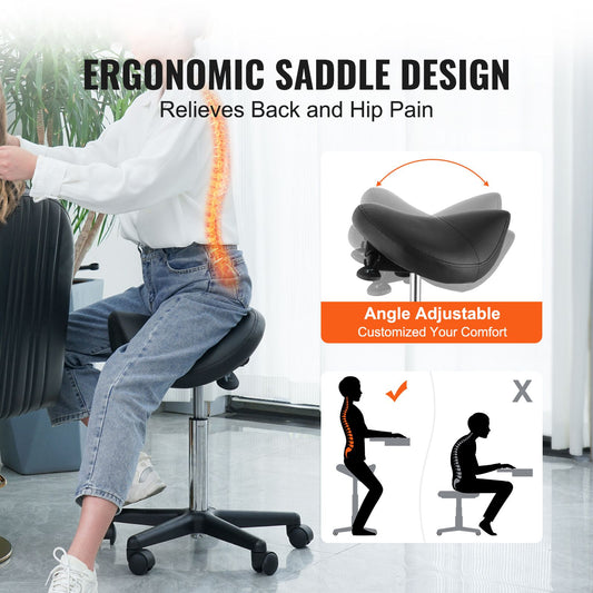Saddle Stool with Wheels, 400 LBS Weight Capacity Ergonomic Rolling Saddle Stool, Height Adjustable Thickened PU Leather Swivel Saddle Stools Chair for Salon, Spa, Tattoo, Clinic, Black