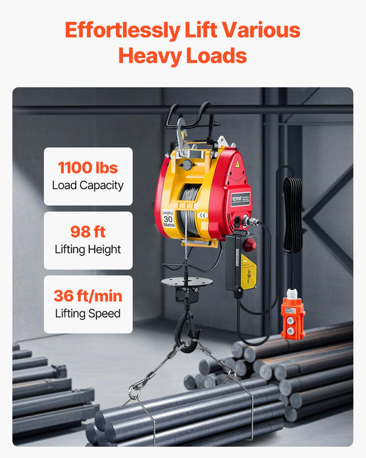 2-in-1 Electric Hoist Winch, 500 KG Capacity, 1800W Portable Power Winch, 30 m Lifting Height, 11 m/min with Wire and Wireless Remote Control, for Garage, Warehouse, Factory Lifting Towing