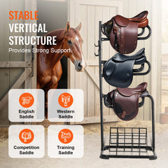 Freestanding Saddle Stand, 30 x 30 x 68.5 in, 3 Tiers Saddle Rack, Heavy Duty Saddle Blanket Holder with Removable & Rotating Tiers, English & Western Saddle Rack for Tack Room Organization