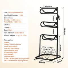 Freestanding Saddle Stand, 30 x 30 x 68.5 in, 3 Tiers Saddle Rack, Heavy Duty Saddle Blanket Holder with Removable & Rotating Tiers, English & Western Saddle Rack for Tack Room Organization