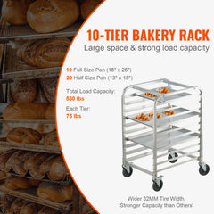 Bun Pan Rack, 10-Tier Commercial Bakery Racks with Brake Wheels, Aluminum Racking Trolley Storage for Half & Full Sheet, Speed Rack For Kitchen Home, Bread Baking Equipment, 660x515x985 mm