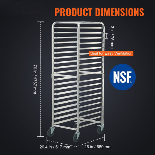 Bun Pan Rack, 20-Tier Commercial Bakery Racks with Brake Wheels, Aluminum Racking Trolley Storage for Half & Full Sheet, Speed Rack For Kitchen Home, Bread Baking Equipment, 660x517x1767 mm