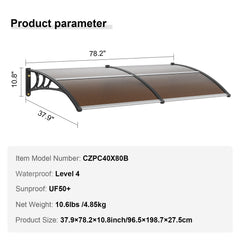 Window Door Awning Canopy 965 x 1987 mm, UPF 50+ Polycarbonate Entry Door Outdoor Window Awning Exterior, Front Door Overhang Awning for Sun Shutter, UV, Rain, Snow Protection, Hollow Sheet