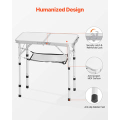 Folding Camping Table, Adjustable Height Portable Side Tables, Aluminum MDF Beach Table with Mesh Layer, Carrying Handle, Lightweight Compact for Outdoor Picnic BBQ Cooking, 24x16in, Silver