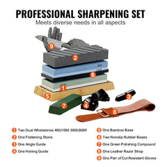 Whetstone Knife Sharpening Kit, 2 Dual-Sided Grit Whetstones 400/1000 3000/8000, 10PCS Knife Sharpener Kit with 3 Non-Slip Bases, Angle & Honing Guide, Flattening Stone for All Knives, Scissors