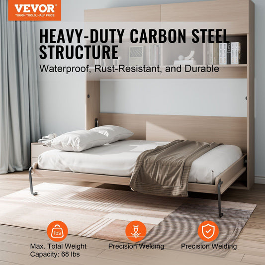 Murphy Bed Kit, Queen Size, Deluxe DIY Wall Bed Mechanical Hardware Kit, Pneumatic Lever Heavy Duty Bed Frame Support, Folding Cabinet Wall Bed Space Saving Design for Guestroom, Easy to Build