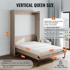 Murphy Bed Kit, Queen Size, Vertical Deluxe DIY Wall Bed Mechanical Hardware Kit, Pneumatic Lever Heavy Duty Bed Frame Support, Folding Cabinet Wall Bed Space Saving Design for Guestroom