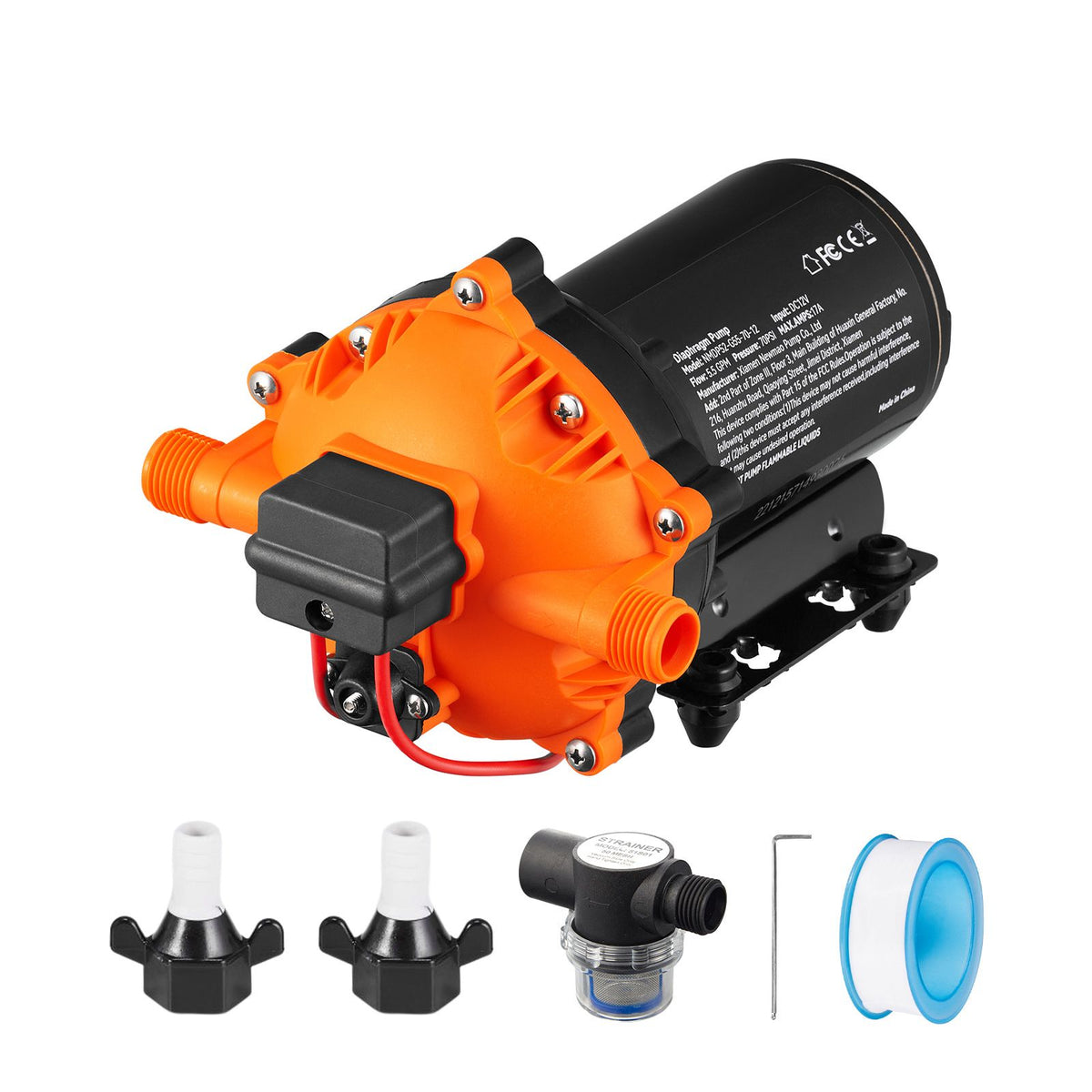 Water Diaphragm Pump, 20.8 LPM Flow, 4.8 bar Rated Pressure (2.8-6.9 bar Adjustable), 12.7 mm MNPT Self Priming Sprayer Pump with Pressure Switch for RV Camper Marine Boat Lawn, FCC Certified