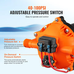 Water Diaphragm Pump, 20.8 LPM Flow, 4.8 bar Rated Pressure (2.8-6.9 bar Adjustable), 12.7 mm MNPT Self Priming Sprayer Pump with Pressure Switch for RV Camper Marine Boat Lawn, FCC Certified