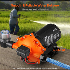 Water Diaphragm Pump, 20.8 LPM Flow, 4.8 bar Rated Pressure (2.8-6.9 bar Adjustable), 12.7 mm MNPT Self Priming Sprayer Pump with Pressure Switch for RV Camper Marine Boat Lawn, FCC Certified